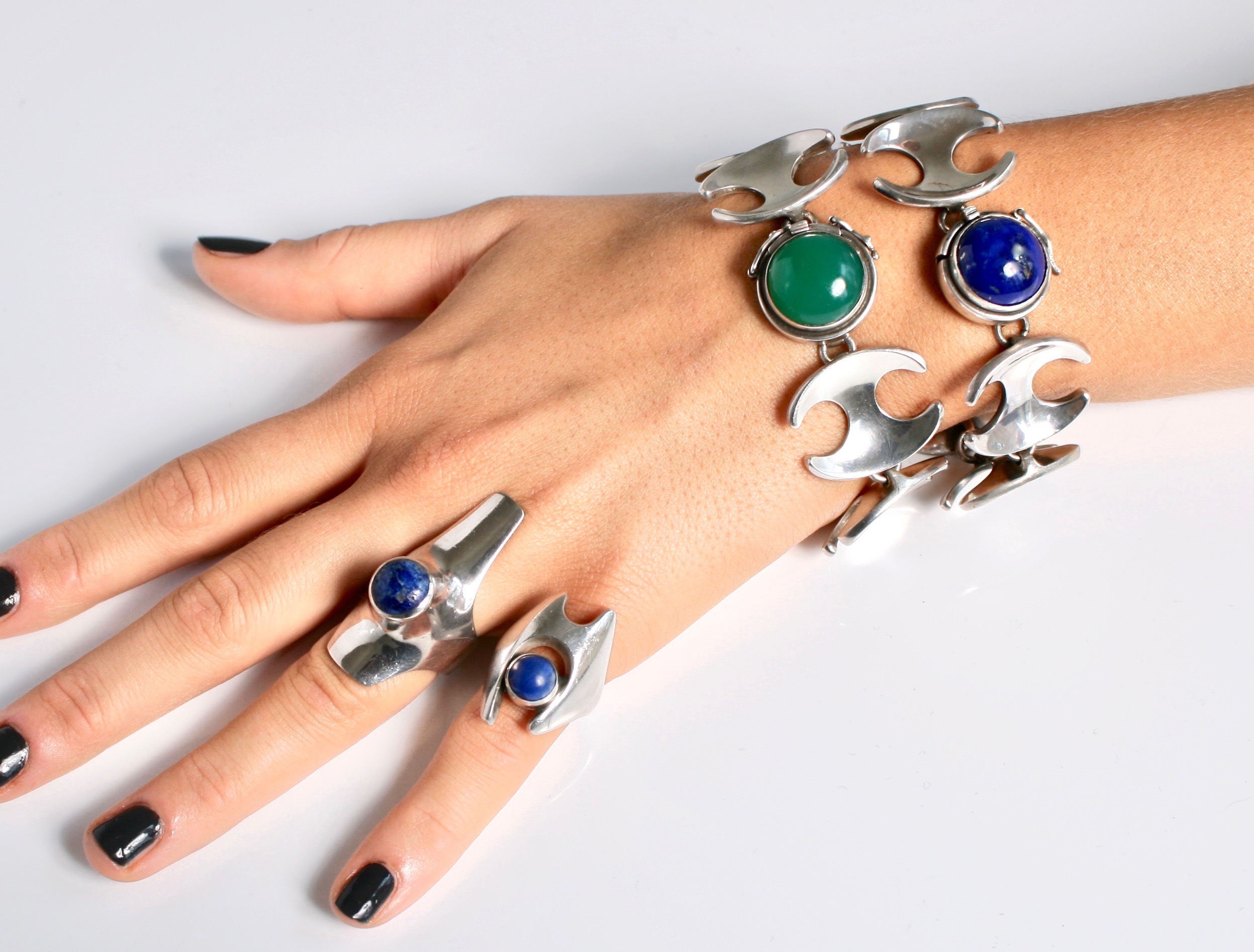 Super Rare Original Vintage Sterling Silver & Lapis Bracelet Designed by Henning Koppel for Georg Jensen Denmark c.1950.  Length 20.5cm Width 4cm at Grasilver.com
